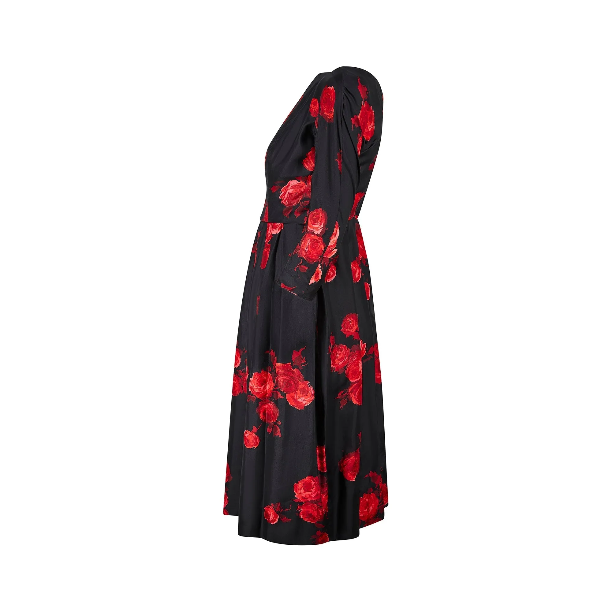 1950s Suzy Perette Satin Black and Red Rose Print Dress