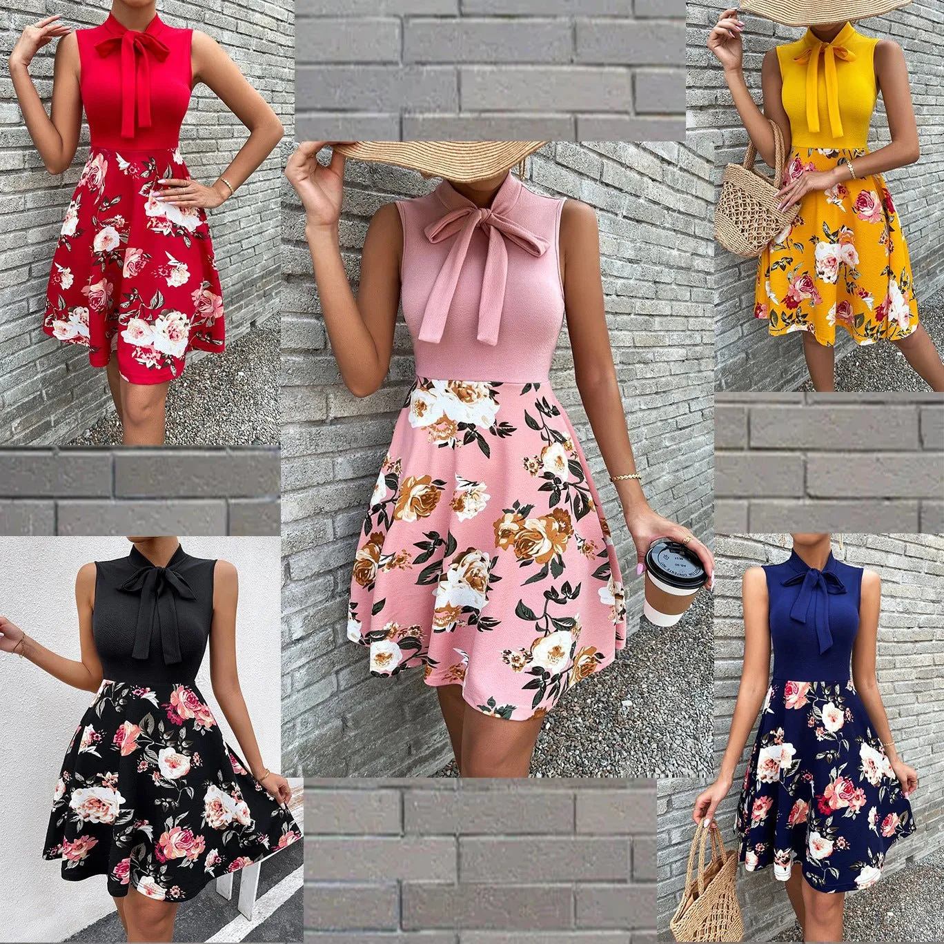 A-Line Sleeveless Floral Dress with Bow Collar