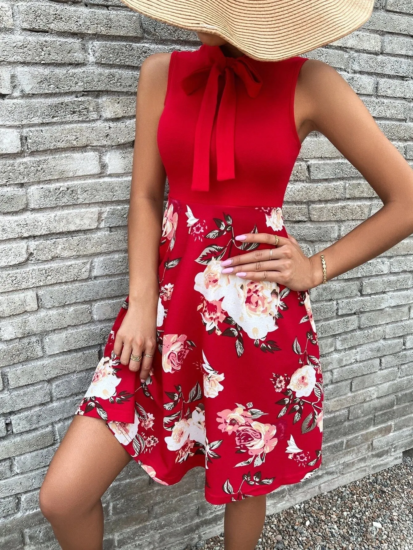 A-Line Sleeveless Floral Dress with Bow Collar