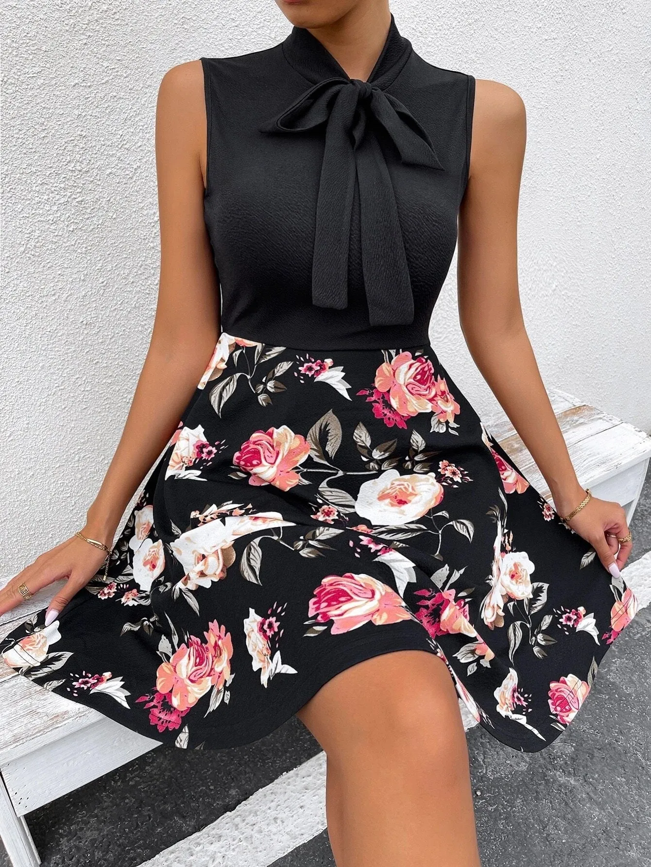 A-Line Sleeveless Floral Dress with Bow Collar