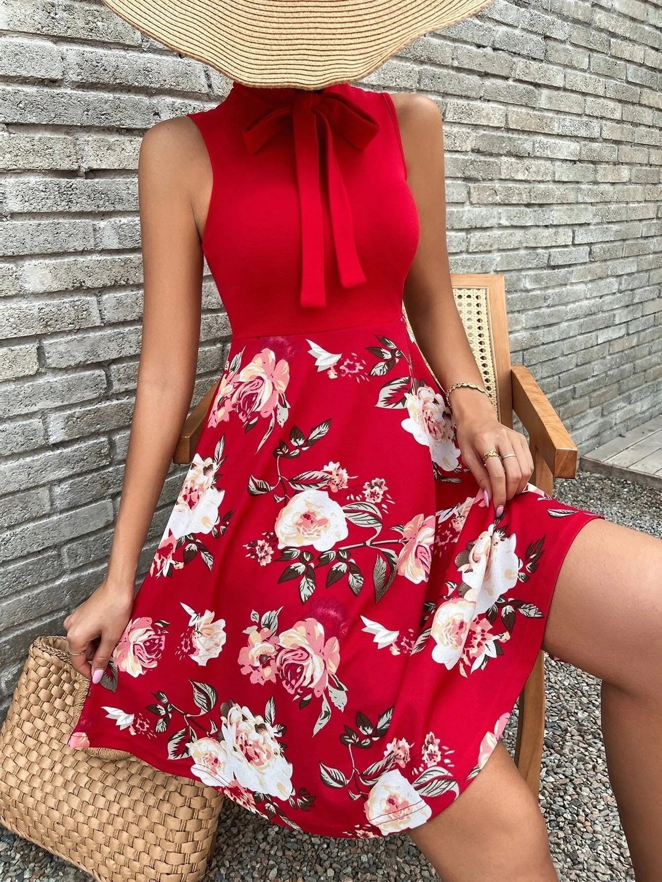 A-Line Sleeveless Floral Dress with Bow Collar