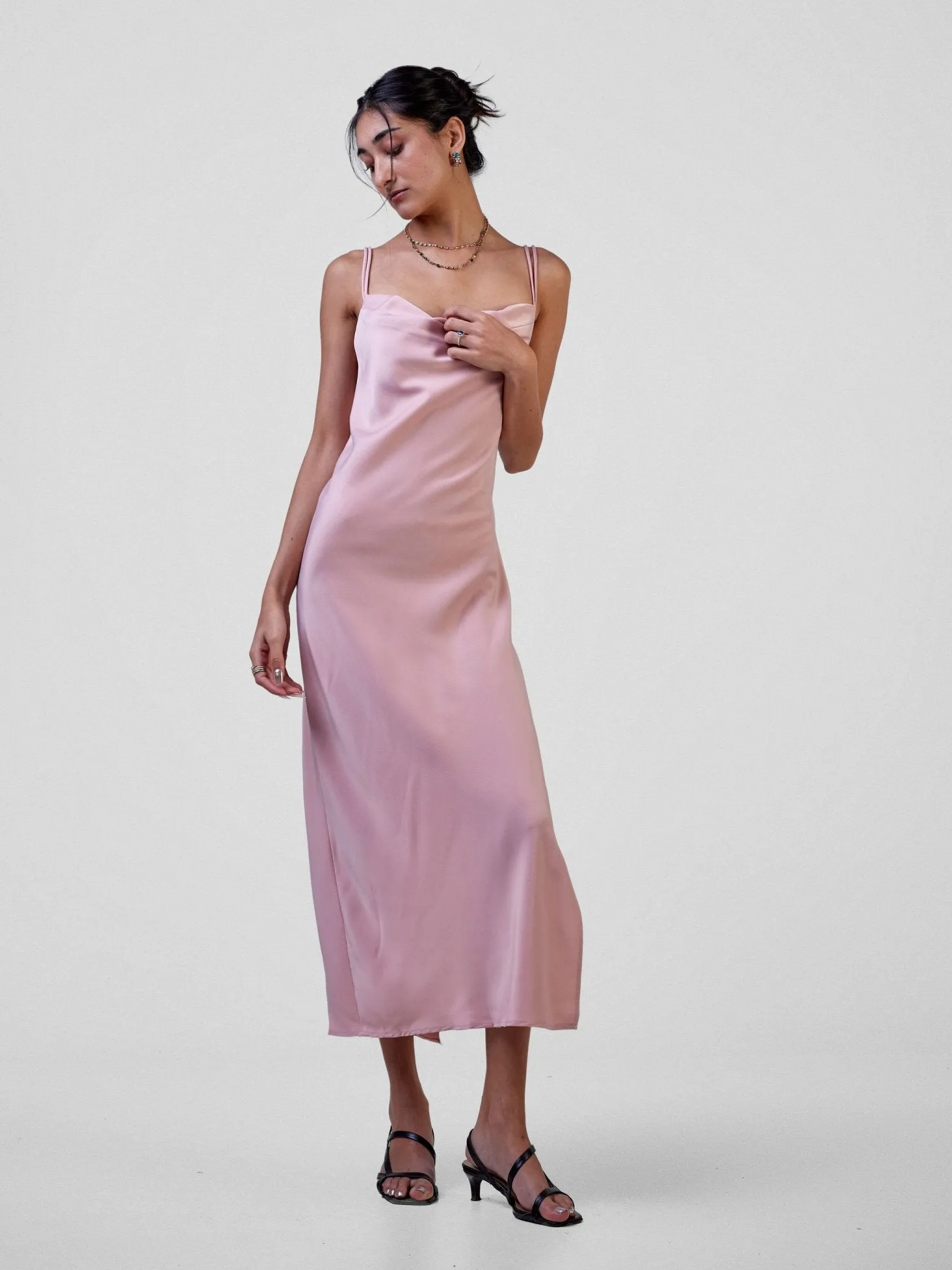 Anika Long Satin Double Strap Dress - Baby Pink