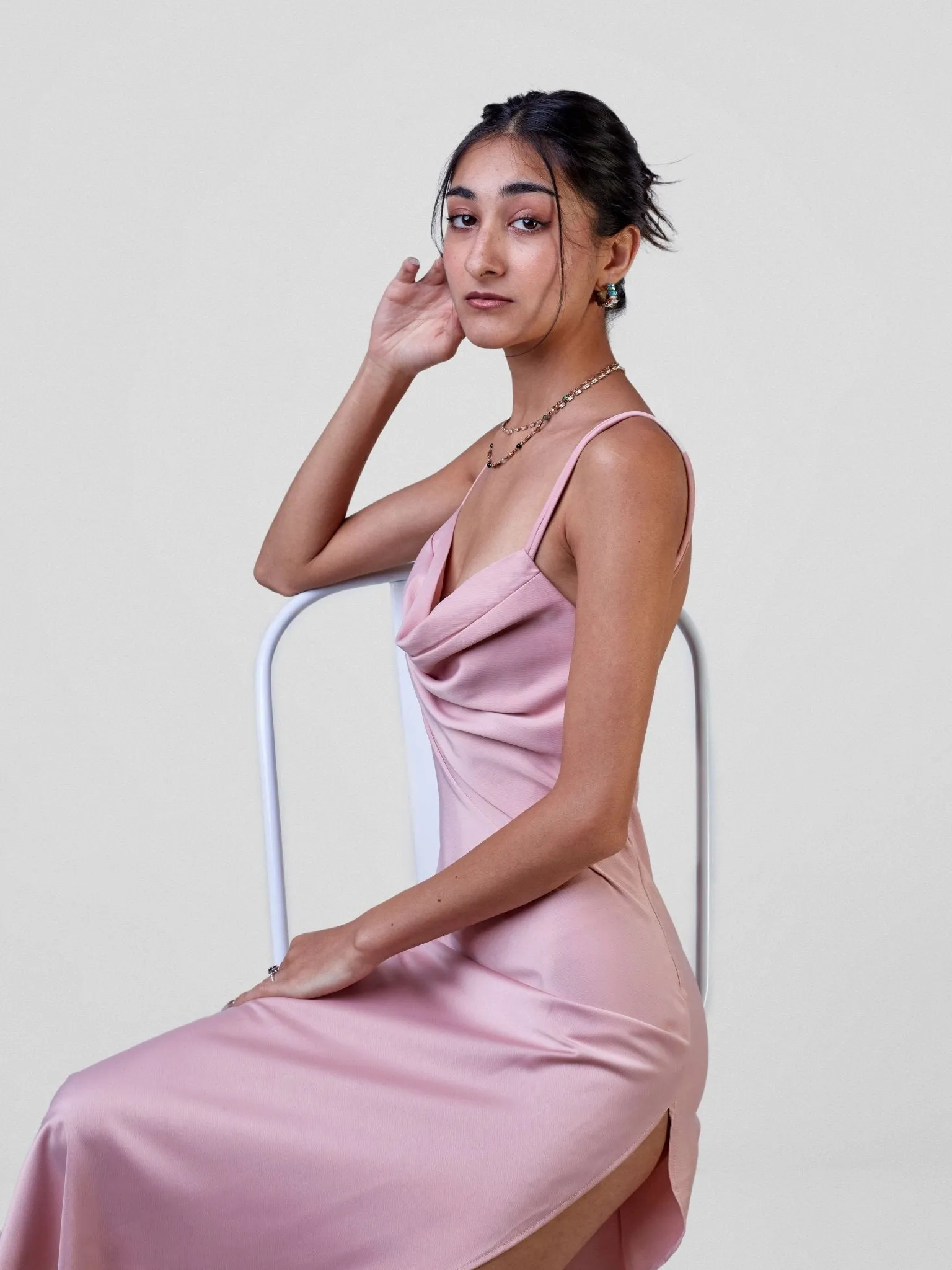 Anika Long Satin Double Strap Dress - Baby Pink