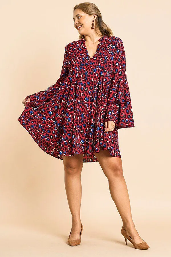 Animal Print Oversize Bell Sleeve V-neck Dress