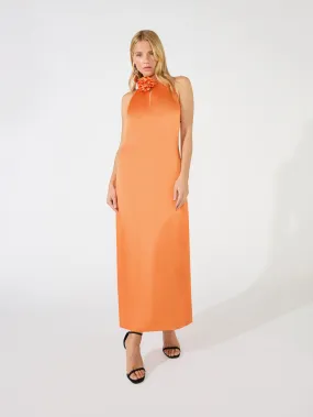 Ariya Orange Satin Twist Neck Dress