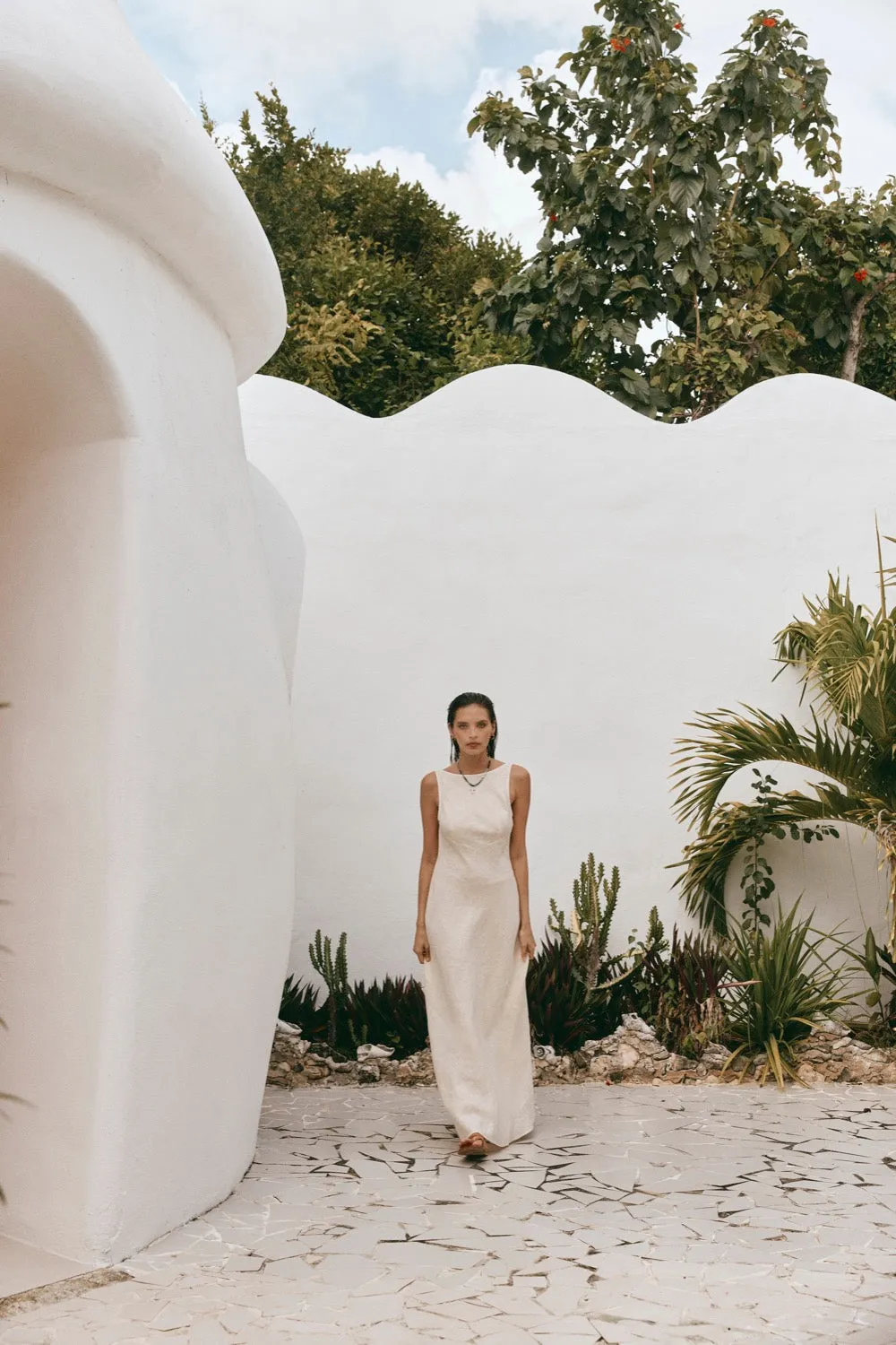 Art Of Bloom Linen Bias Cut Maxi Dress Cream