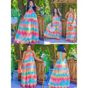 Vibrant Rainbow-Colored Backless Maxi Dress