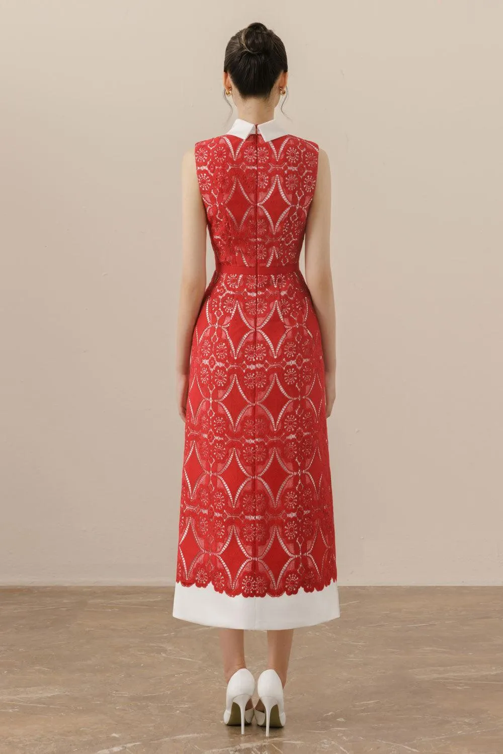 Bella A-line Collared Neck Lace Midi Dress