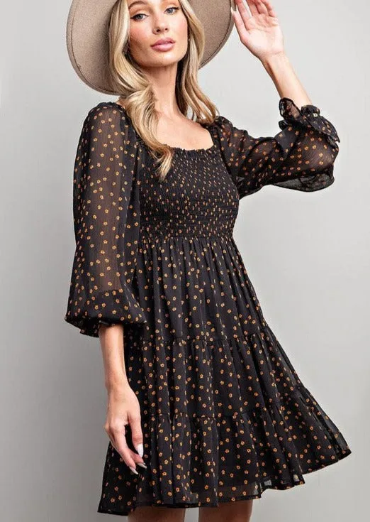 Black & Caramel Floral Smocked Dress