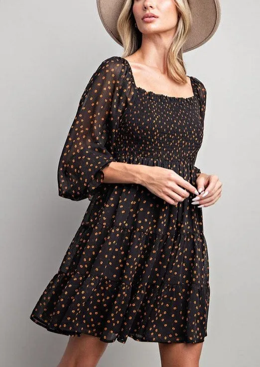 Black & Caramel Floral Smocked Dress