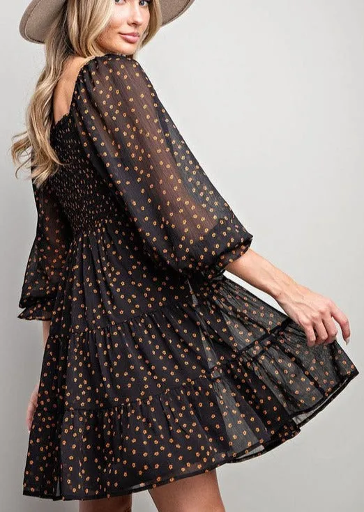 Black & Caramel Floral Smocked Dress