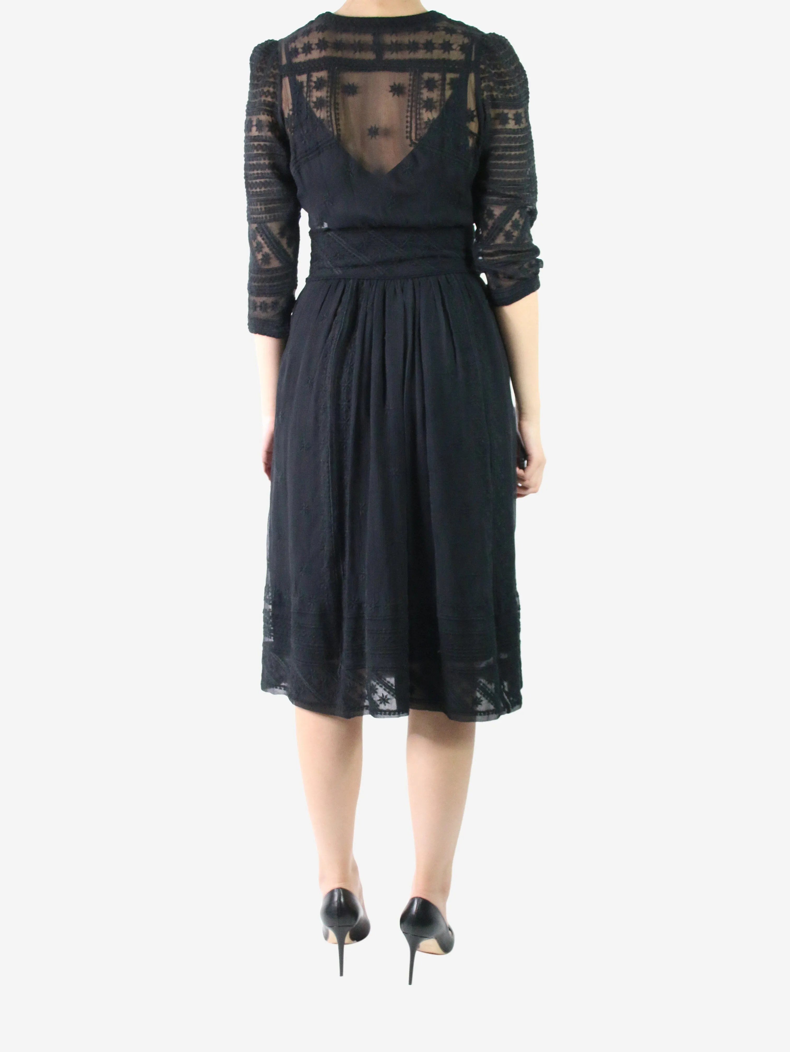 Black embroidered midi dress - size UK 8