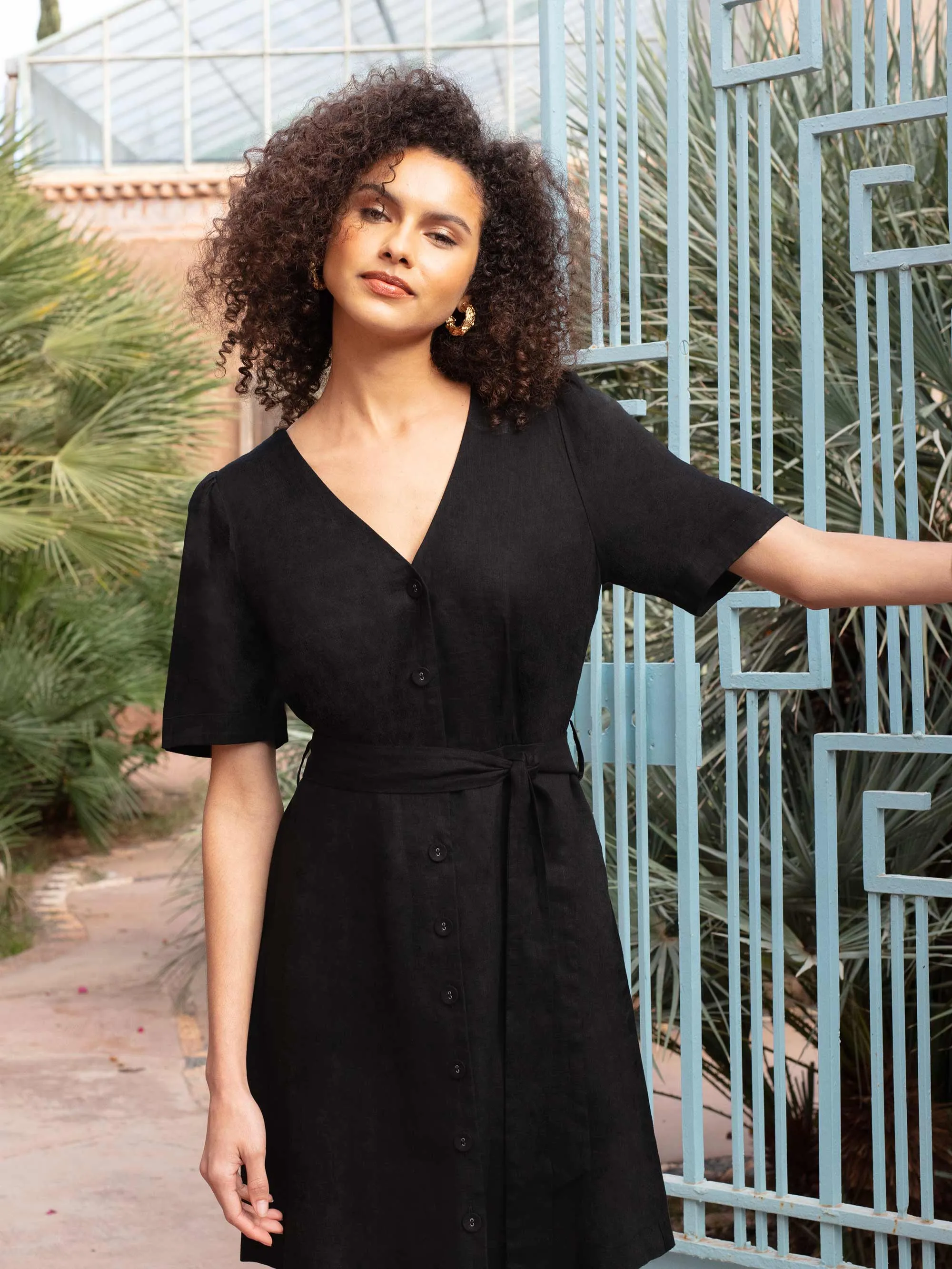 Black Linen Button Front Short Dress