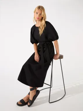 Black Puff Sleeve Tie Waist Sleeve Midi Dress