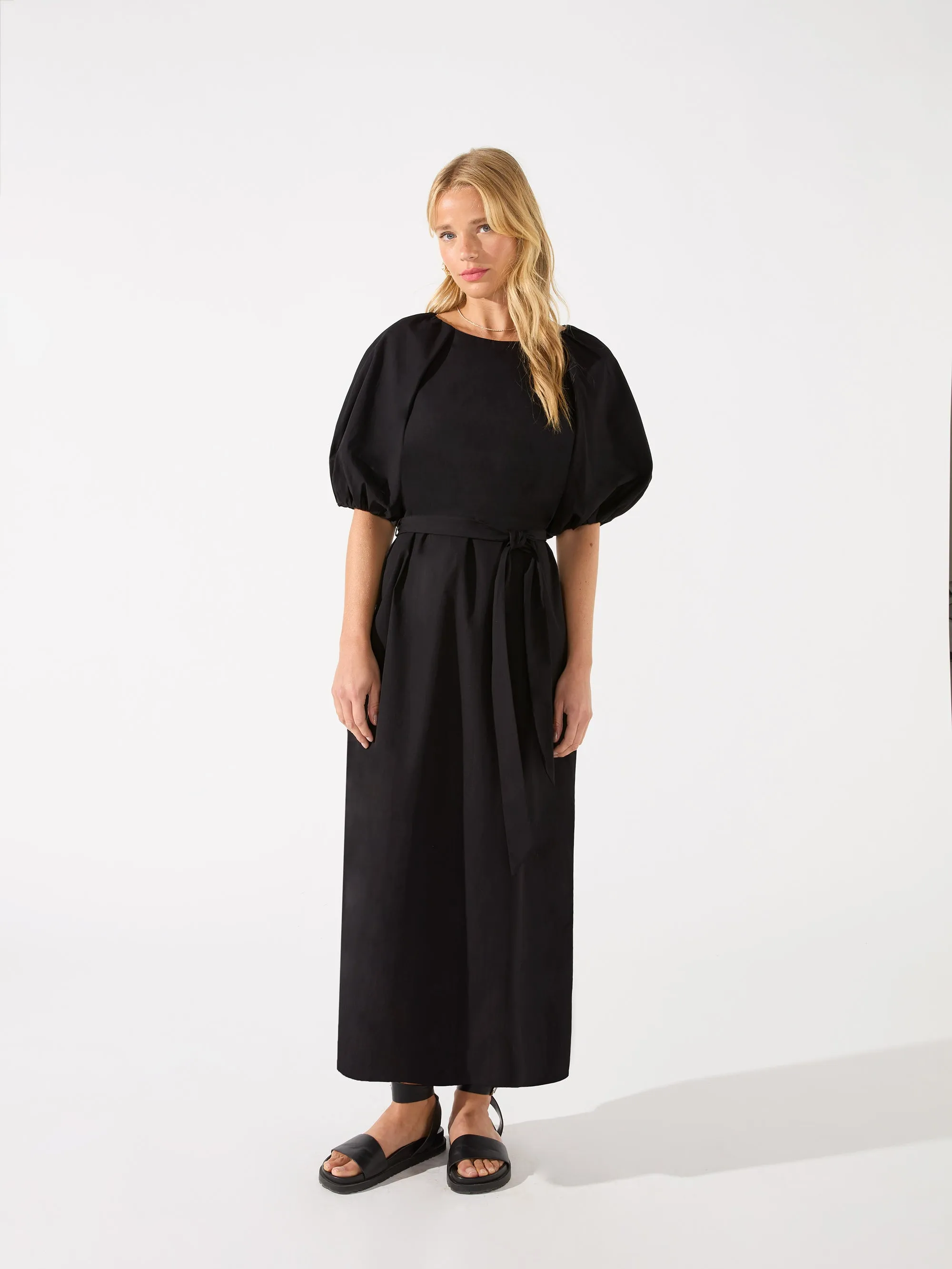 Black Puff Sleeve Tie Waist Sleeve Midi Dress