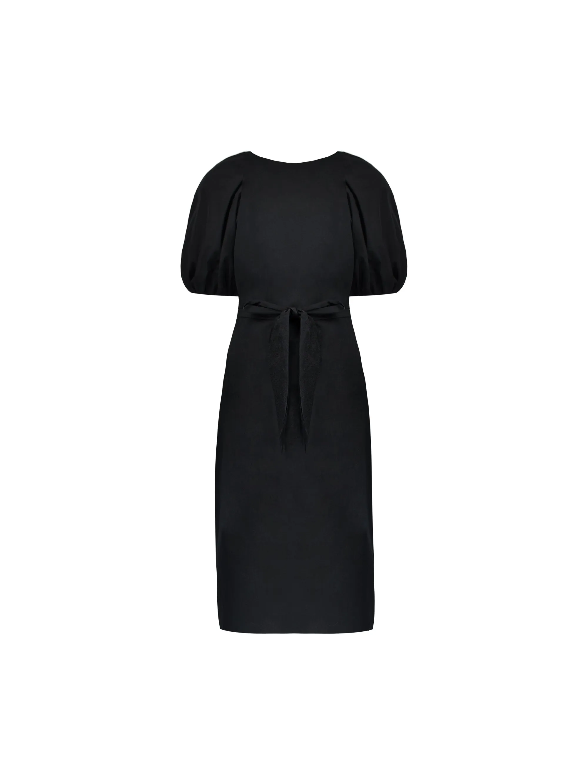 Black Puff Sleeve Tie Waist Sleeve Midi Dress