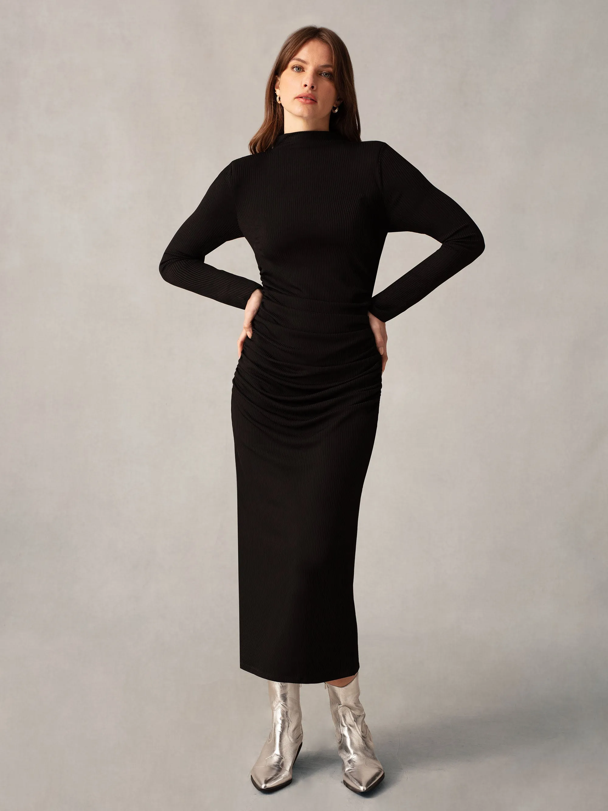 Black Ribbed Jersey Gathered Dress