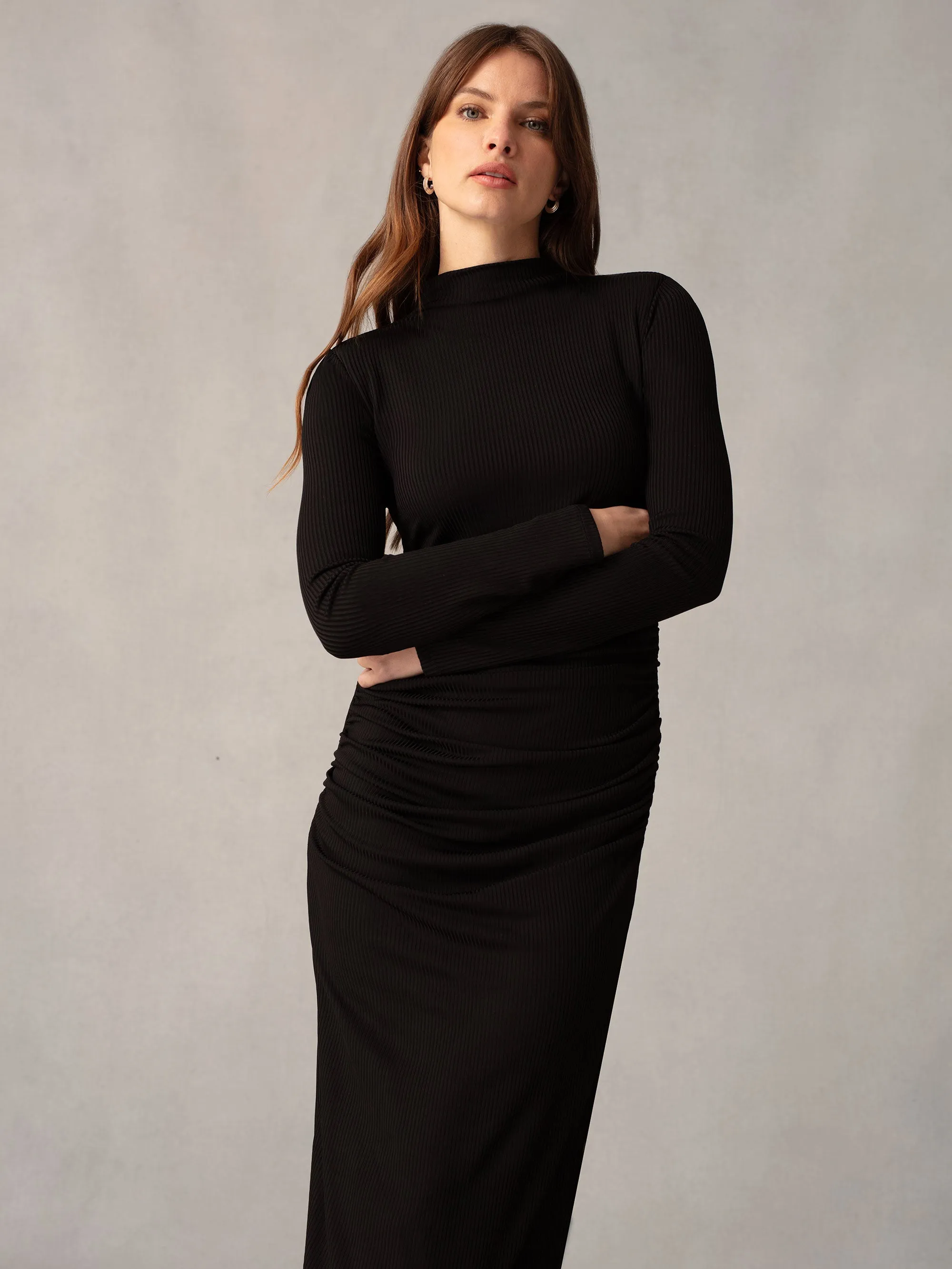 Black Ribbed Jersey Gathered Dress