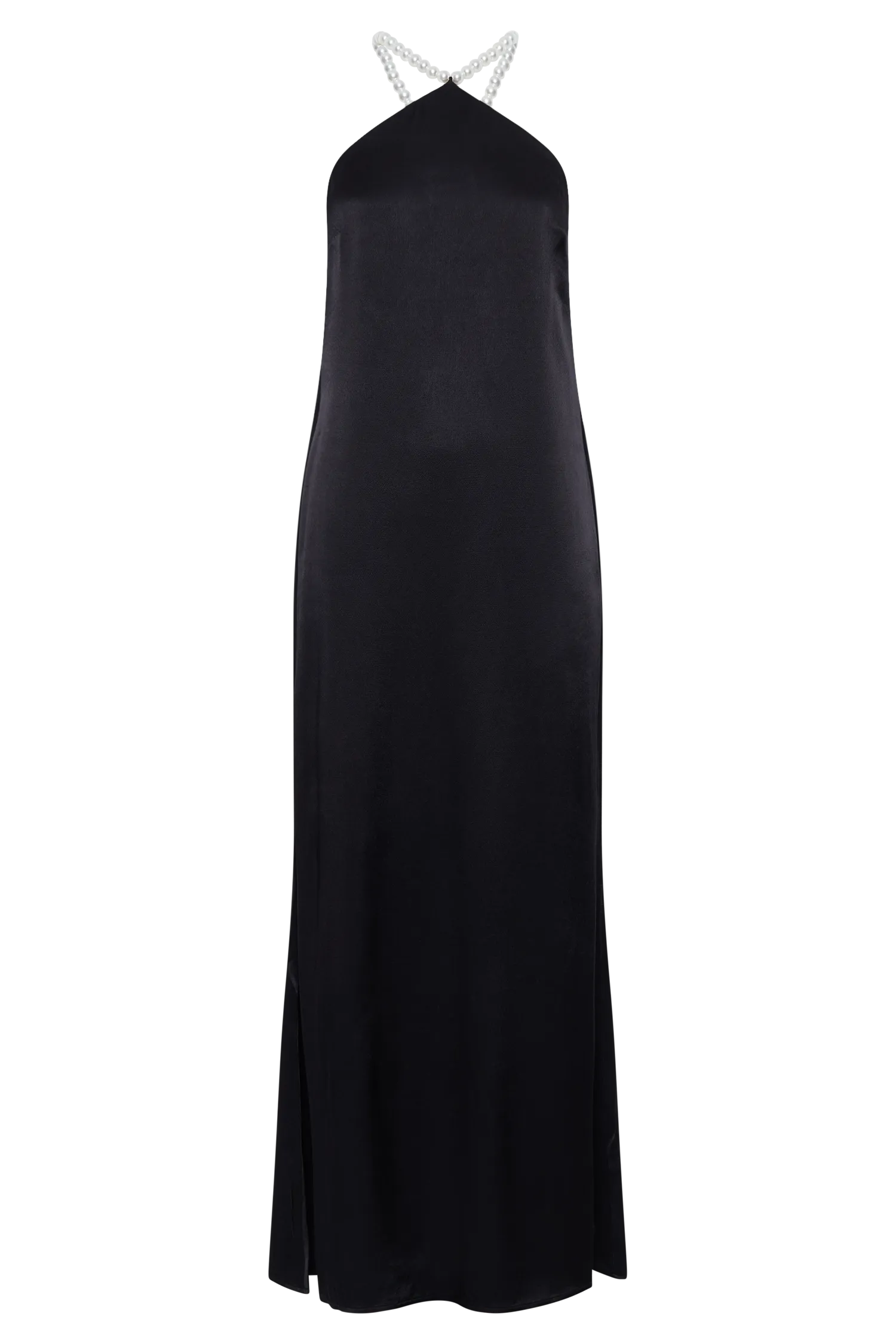 Blanche Satin Pearl Halter Maxi Dress - Black