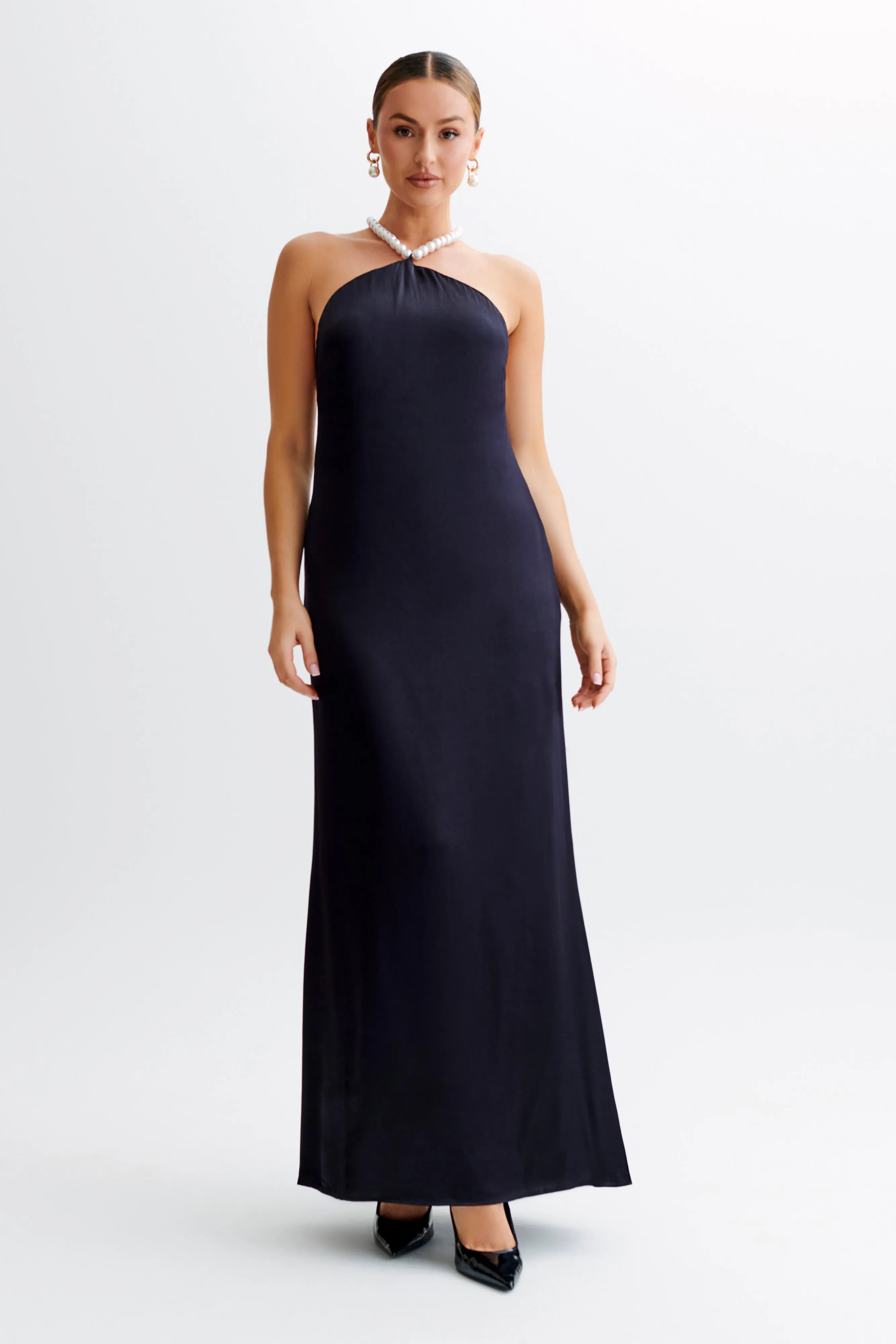 Blanche Satin Pearl Halter Maxi Dress - Black