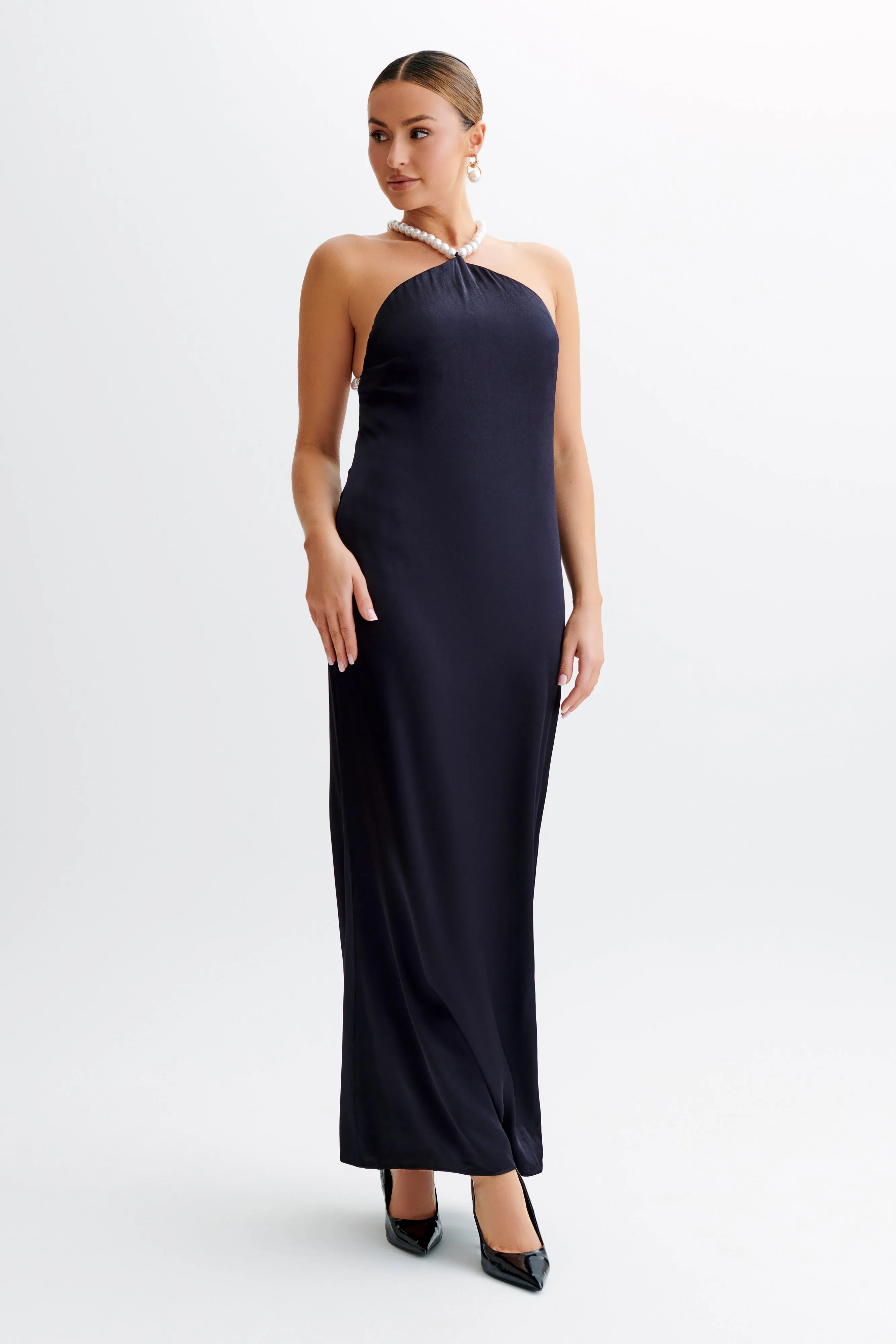 Blanche Satin Pearl Halter Maxi Dress - Black