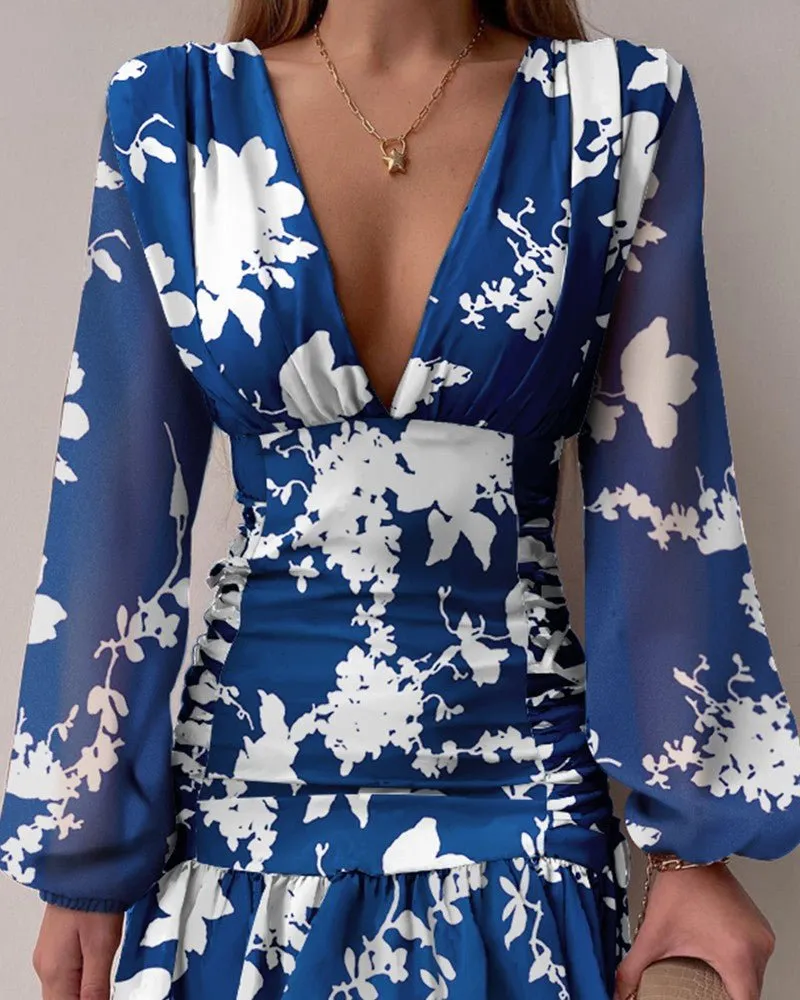 Blue and White Large Floral Print V-neck Midi Dress