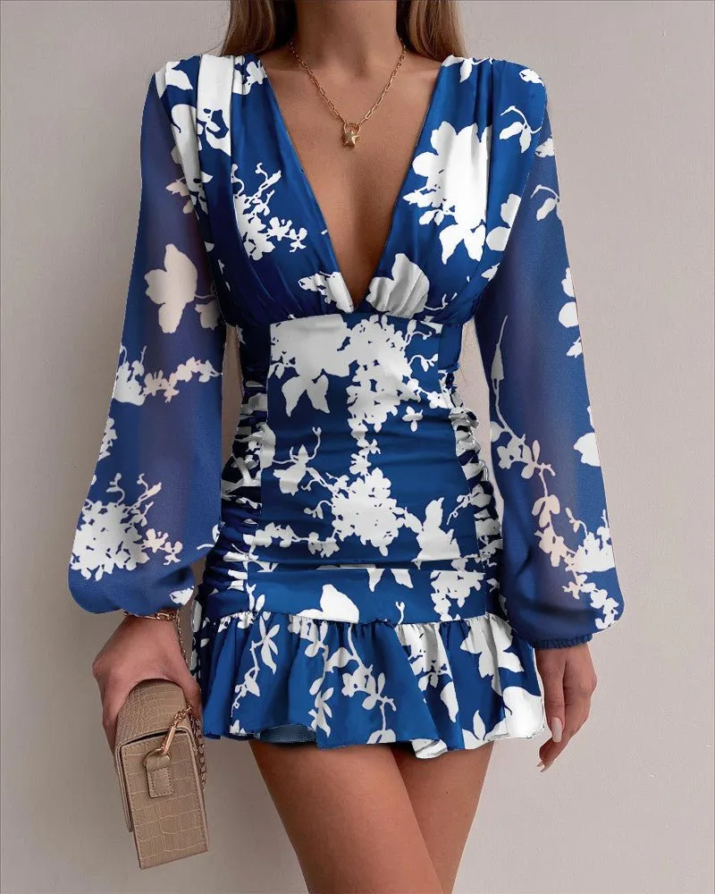 Blue and White Large Floral Print V-neck Midi Dress