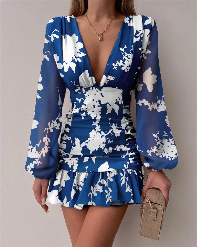 Blue and White Large Floral Print V-neck Midi Dress