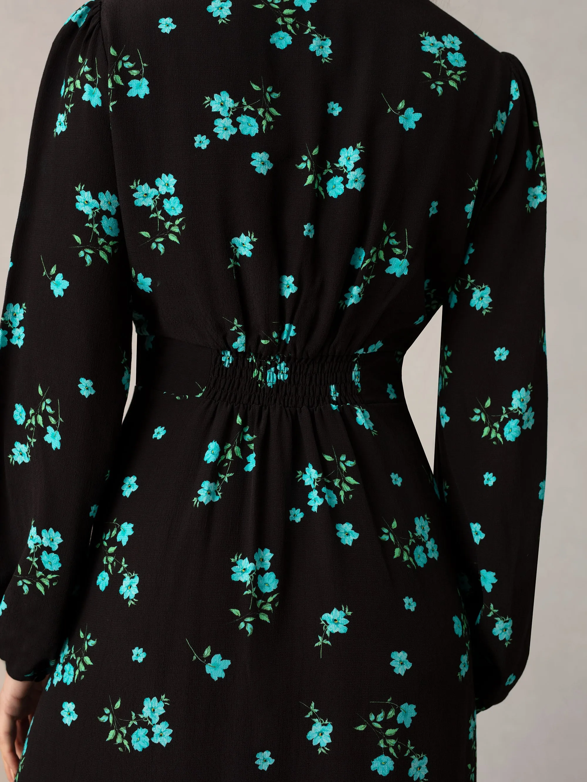 Blue Cluster Floral Button Front Midi Dress