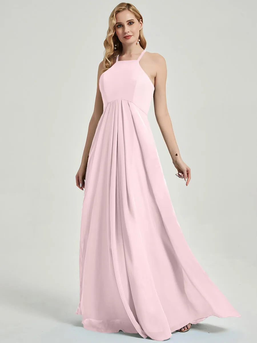 Blush Halter Neck Empire Pleated Open Back Chiffon Bridesmaid Dress