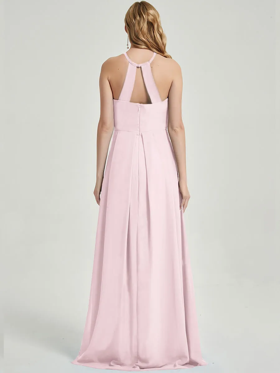 Blush Halter Neck Empire Pleated Open Back Chiffon Bridesmaid Dress