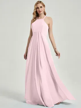 Blush Halter Neck Empire Pleated Open Back Chiffon Bridesmaid Dress