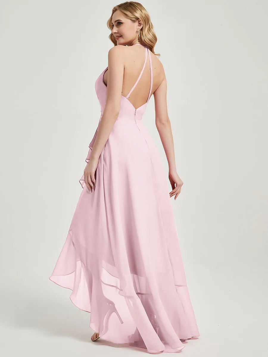 Blush Halter V-Neck Backless High Low Maxi Chiffon Bridesmaid Dress