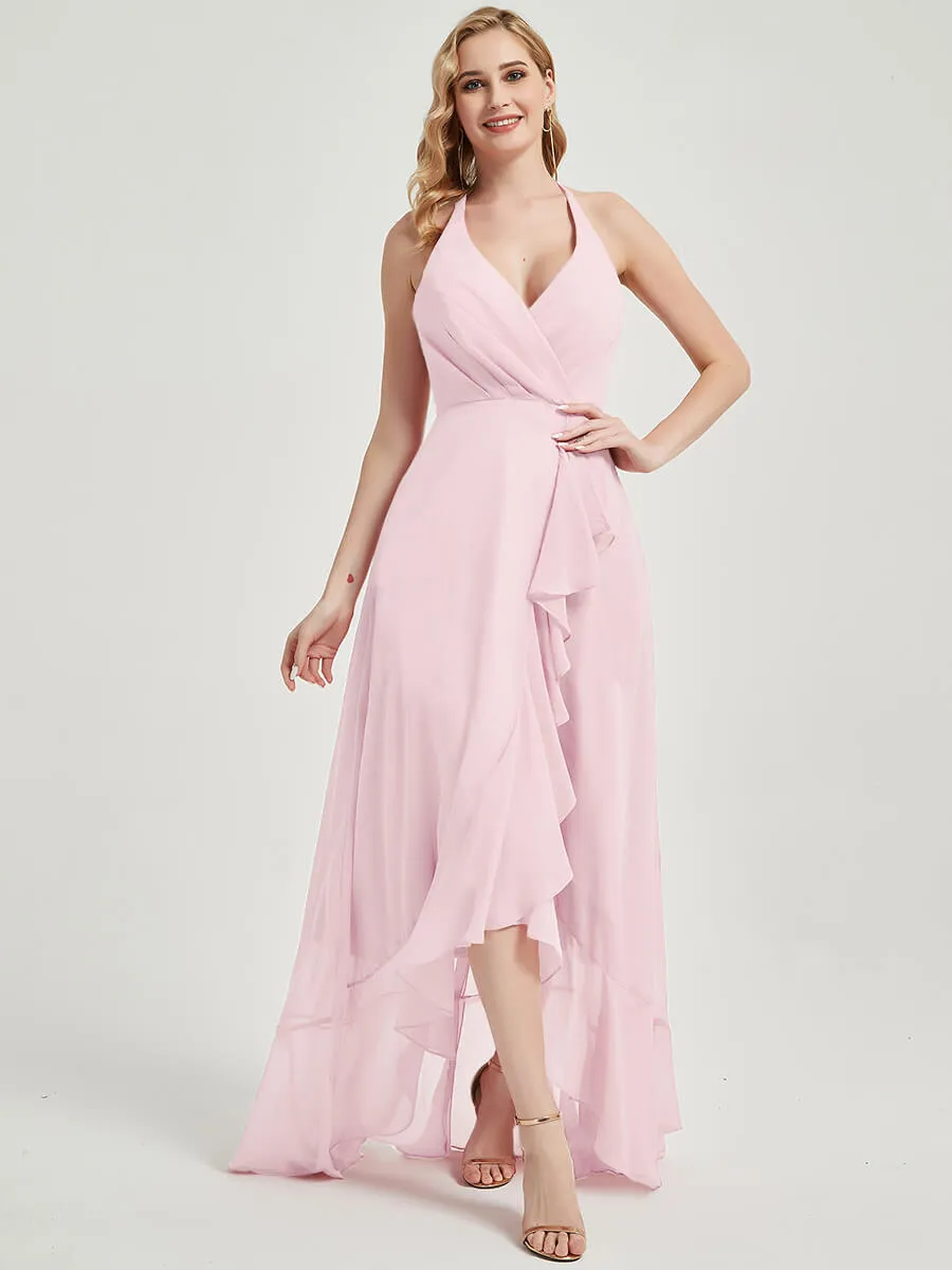 Blush Halter V-Neck Backless High Low Maxi Chiffon Bridesmaid Dress