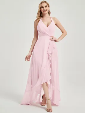 Blush Halter V-Neck Backless High Low Maxi Chiffon Bridesmaid Dress