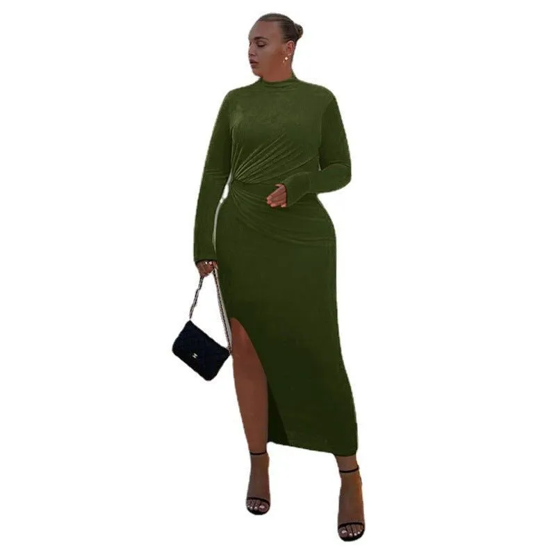 Body Con Long Sleeve Maxi Dress with Thigh Slit