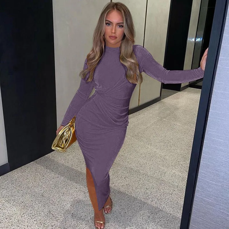 Body Con Long Sleeve Maxi Dress with Thigh Slit