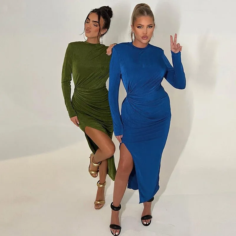 Body Con Long Sleeve Maxi Dress with Thigh Slit