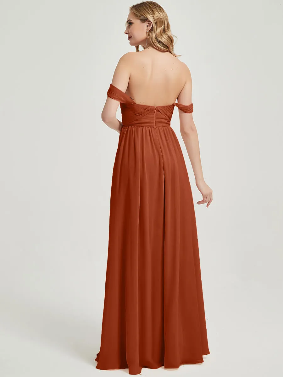 Burnt Orange Pleated Convertible Maxi Chiffon Bridesmaid Dress