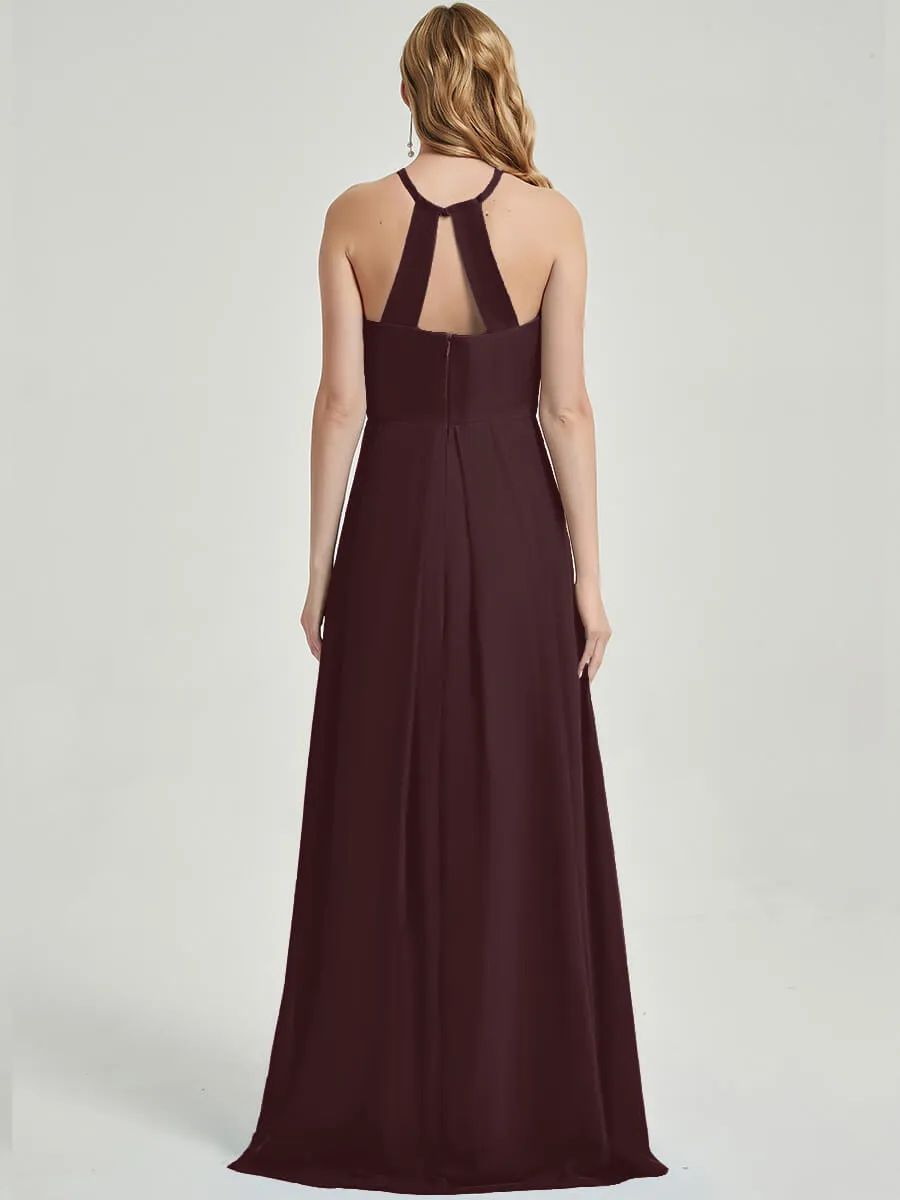 Cabernet Halter Neck Empire Pleated Open Back Chiffon Bridesmaid Dress