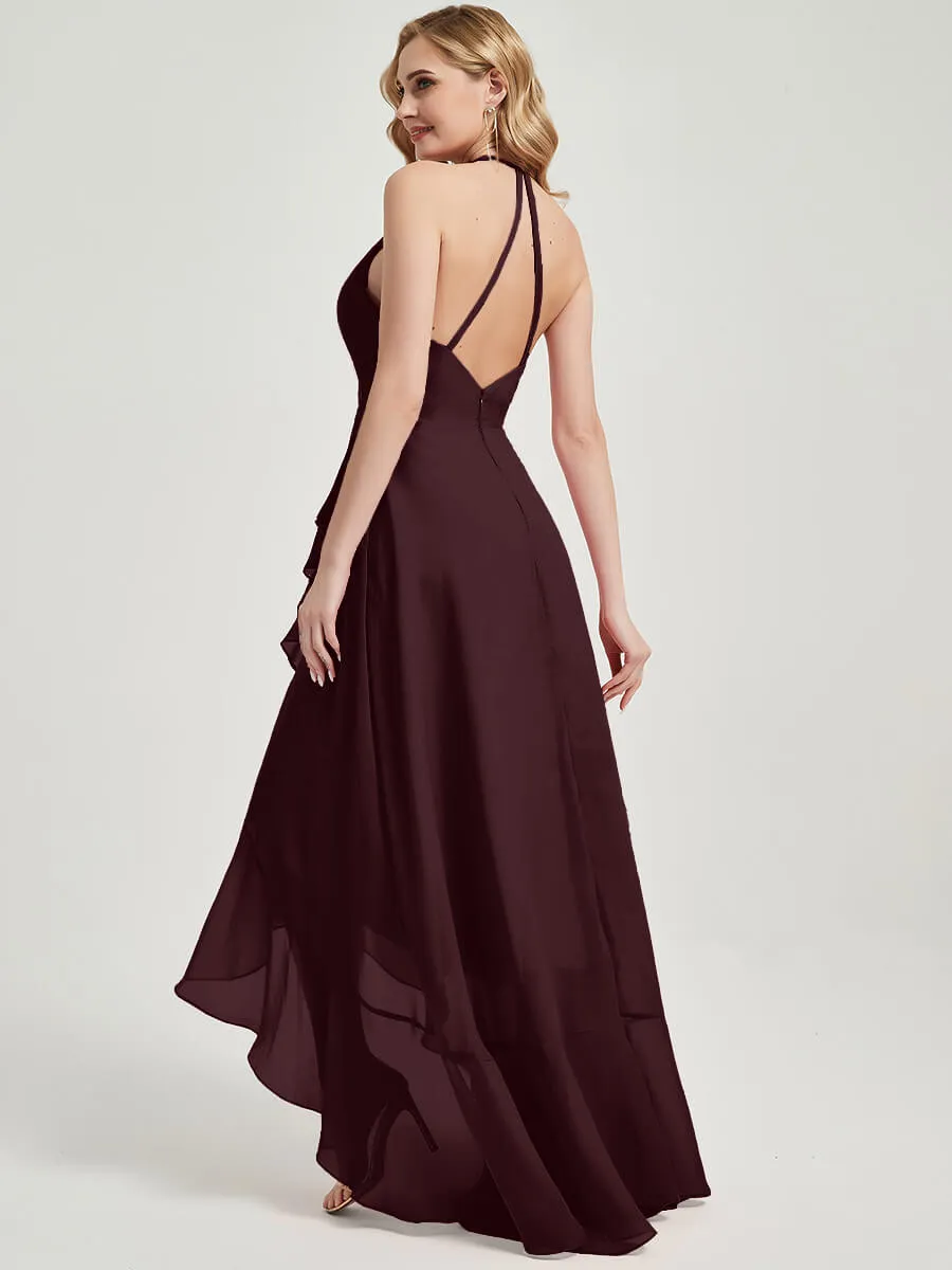 Cabernet Halter V-Neck Backless High Low Maxi Chiffon Bridesmaid Dress