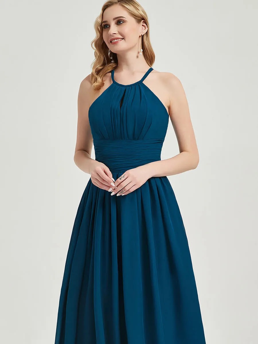 Cabernet Pleated Halter Neck Sleeveless Chiffon Maxi Bridesmaid Dress