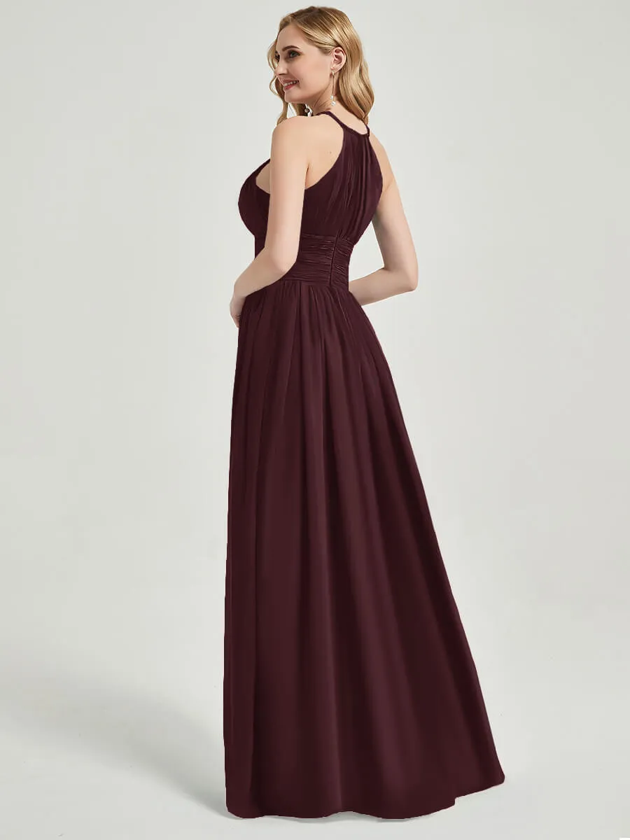 Cabernet Pleated Halter Neck Sleeveless Chiffon Maxi Bridesmaid Dress