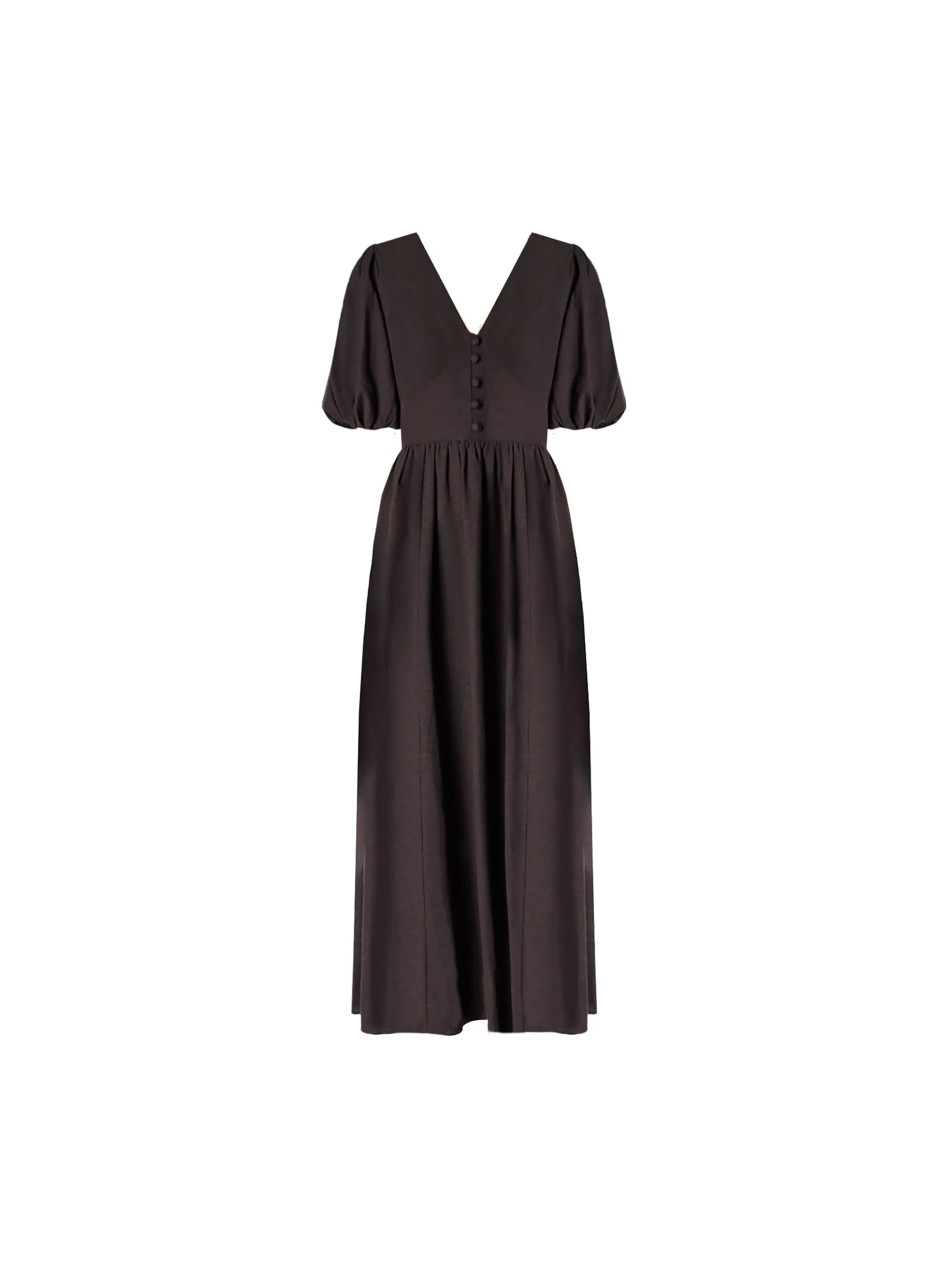 Cara Black Linen-blend Puff Sleeve V-Neck Midi Dress