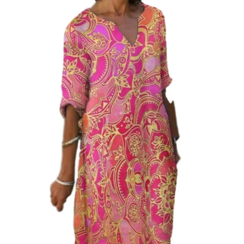 Casual Colorful paisley Inspired Three Quarter Length Sleeve Dress with V-Neck