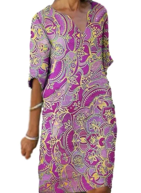 Casual Colorful paisley Inspired Three Quarter Length Sleeve Dress with V-Neck