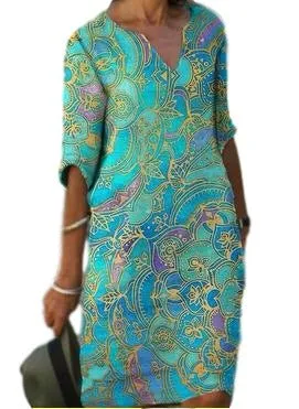 Casual Colorful paisley Inspired Three Quarter Length Sleeve Dress with V-Neck