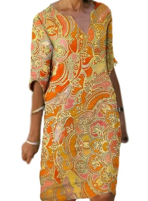 Casual Colorful paisley Inspired Three Quarter Length Sleeve Dress with V-Neck