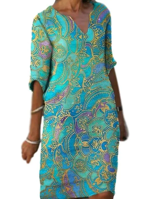 Casual Colorful paisley Inspired Three Quarter Length Sleeve Dress with V-Neck