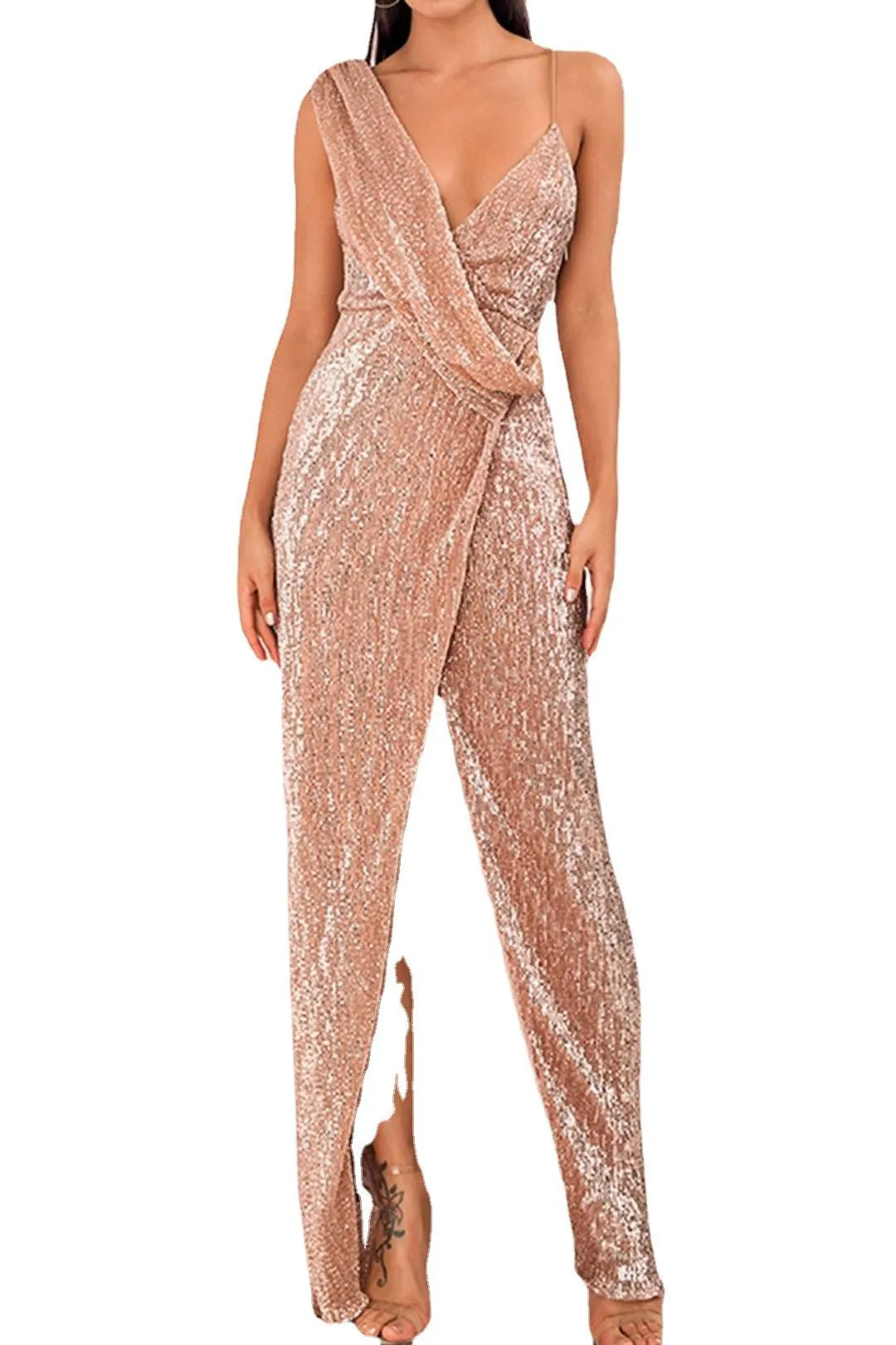 Champagne Pink Dress with Wrapped Bodice and Thigh Slit